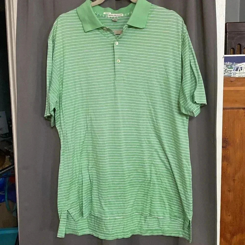 PETER MILLAR MENS SIZE LARGE‎ 100% COTTON POLO SHIRT LIGHT GREEN WHITE STRIPE - Picture 3 of 9
